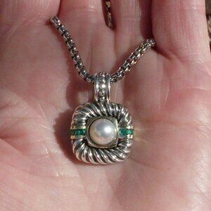 Rare Early Issue David Yurman Albion Pearl & Emerald Enhancer Pendant - 14K/925